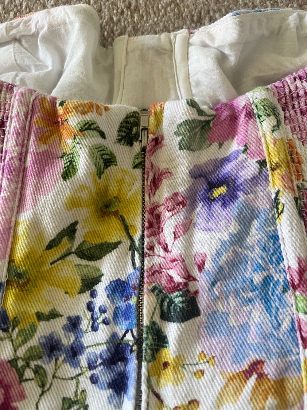 Vici Floral Peplum Corset Top in White with Pink, Blue & Yellow Blooms - Picture 6 of 6